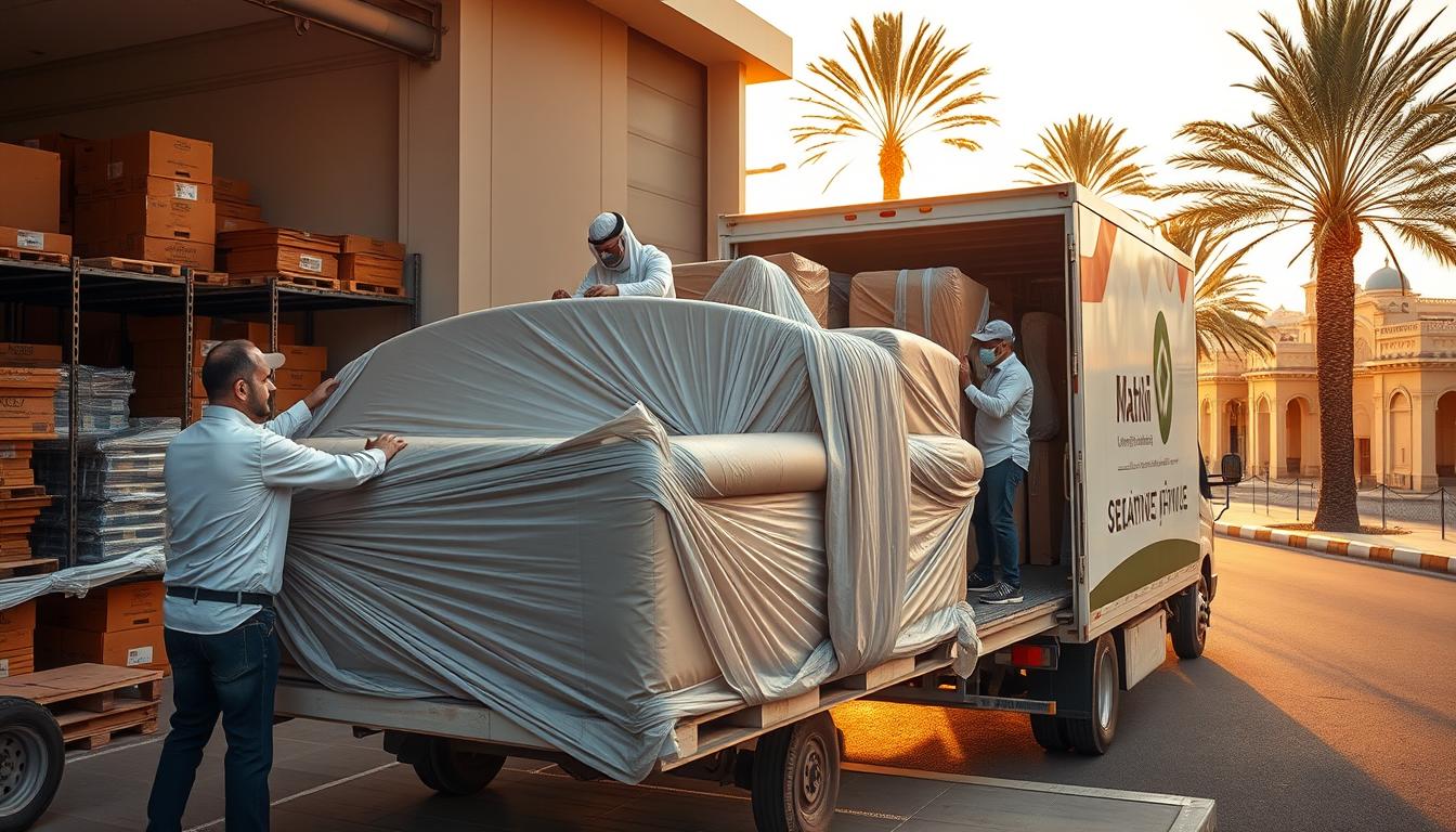 A professional home furniture moving company in Khamis Mushait, Saudi Arabia. A large, modern warehouse facility with neatly stacked moving boxes and packing materials. Skilled movers carefully loading a plush leather sofa onto a specialized moving truck. The truck's exterior prominently displays the company's logo and branding. In the background, a bustling street scene with palm trees and traditional architecture, conveying the local atmosphere. Warm, golden afternoon sunlight illuminates the scene, creating a sense of professionalism and reliability. The image should inspire confidence in the company's ability to safely and efficiently relocate valuable household possessions.