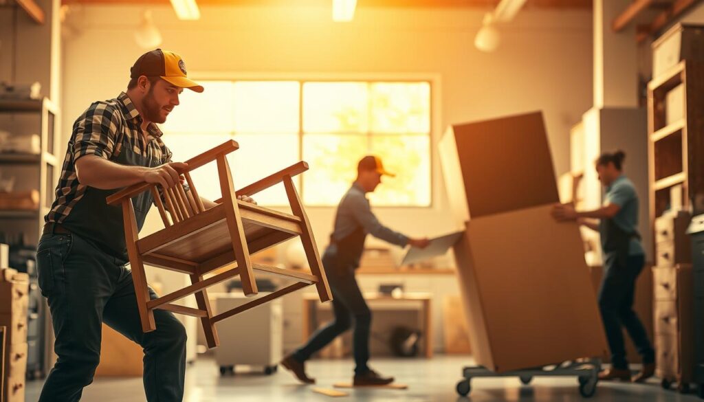 A well-lit, high-resolution image showcasing the disassembly and reassembly of furniture. Focus on the foreground, with a skilled technician carefully dismantling a wooden chair, its components laid out neatly on a work surface. In the middle ground, another technician is reassembling a desk, their hands deftly connecting the pieces. The background should depict a clean, organized workshop setting with shelves of tools and spare parts. Utilize warm, natural lighting to create a sense of professionalism and attention to detail. Convey the expertise and care required for successful furniture relocation and installation.